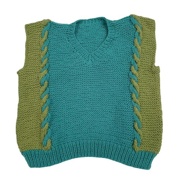 Hand Knit Handmade Pullover Sweater Vest Women's M Colorblock Blue Green NEW - Picture 5 of 11